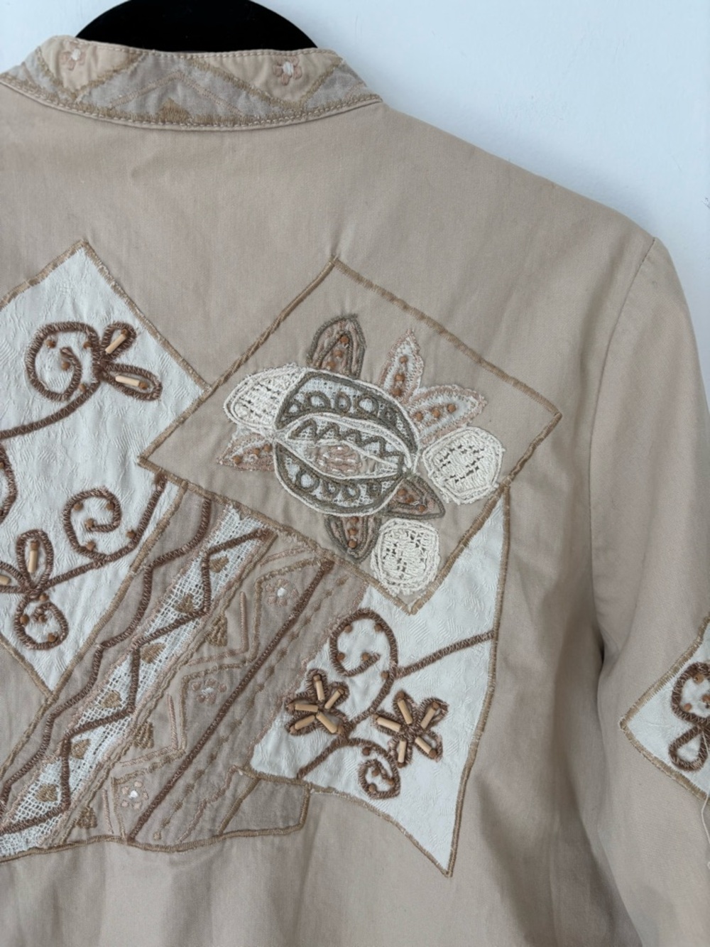 Vintage TanJay Embroidered Patchwork Jacket Beige Boho Cotton Cropped Blazer - Picture 11 of 12